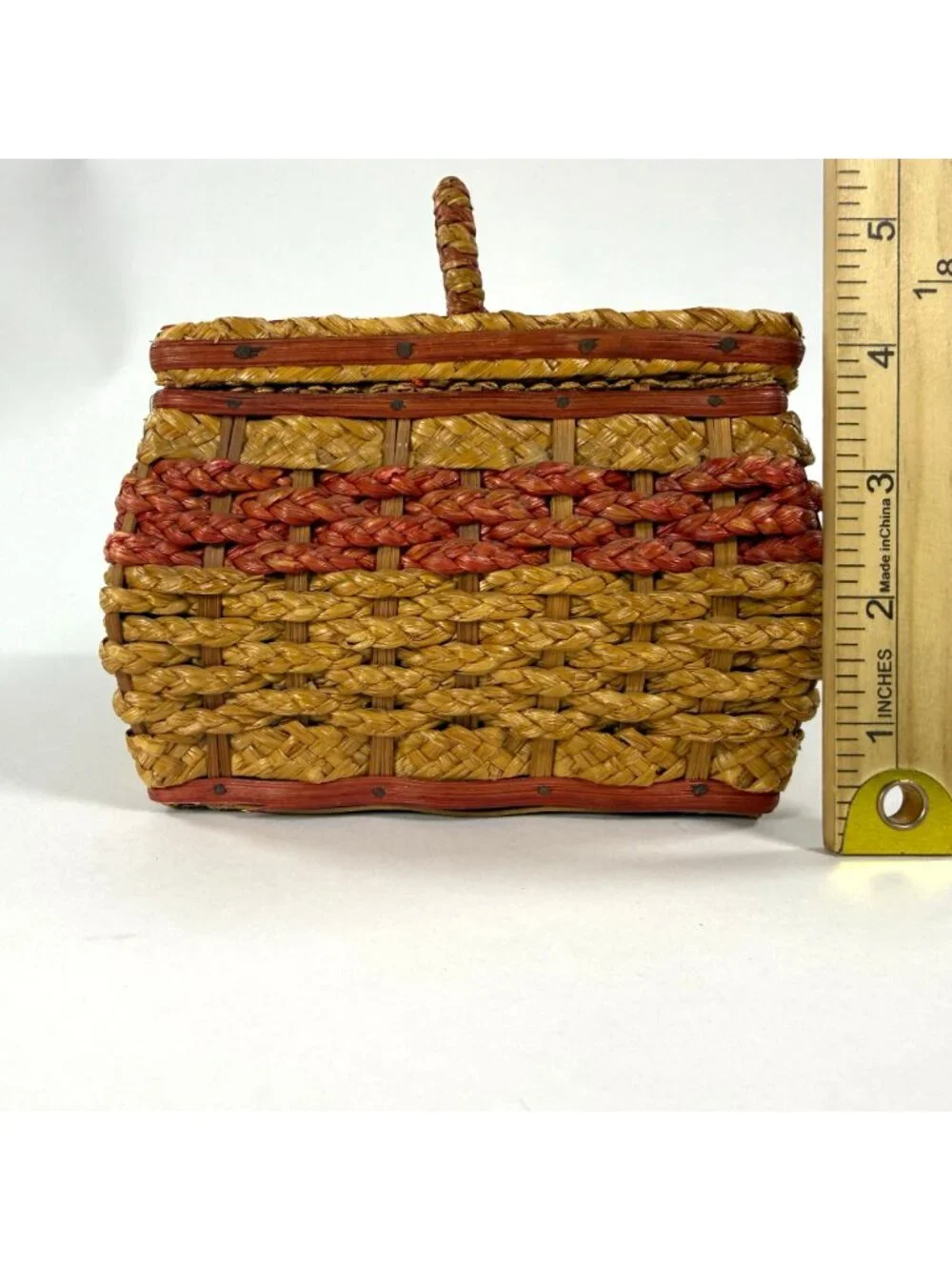1960's Sewing Basket Braided Vintage Woven Sisal & Wicker Wood Base 10 x 6 x 4.5